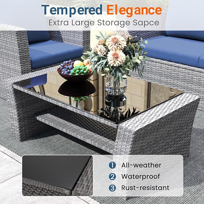 Wisteria Lane 5 Piece Patio Furniture Set, Wicker Outdoor Patio Conversation Furniture Set, All Weather Outdoor Patio Sofa with Cushion and Glass Table, Blue WisteriaLane