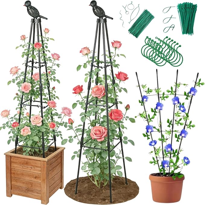 2 Pack Garden Trellis for Climbing Plants Outdoor - Rustproof Plastic Coated Steel Core Tower Obelisk Trellis - Metal Teepee Trellis Vertical Plant Support for Vines Vegetables Flowers Indoor Rootora