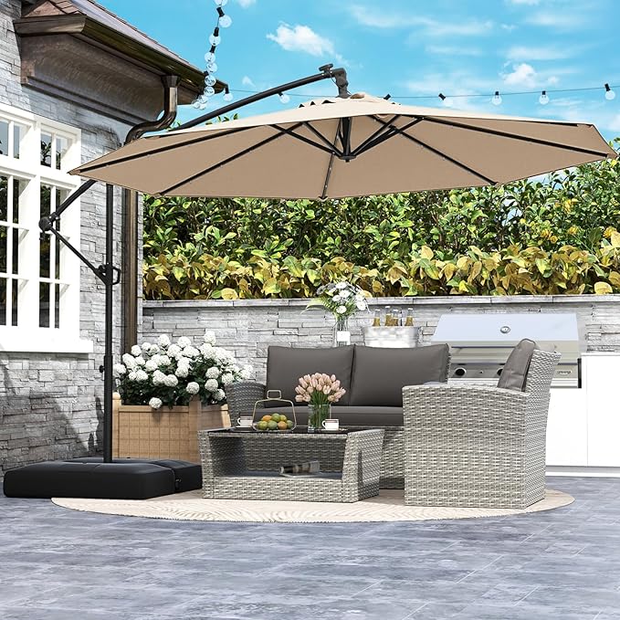 Tangkula 10ft Solar LED Patio Umbrella with Base, Offset Cantilever Outdoor Umbrella with 32 LED Lights, Infinite Tilt, 360 Degree Rotation, Crank Handle for Pool Deck Garden Backyard (Beige) TANGKULA