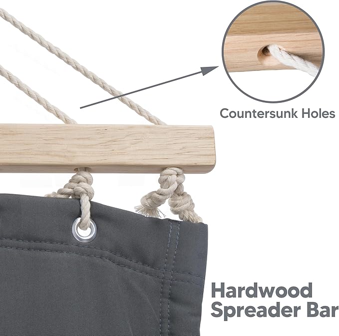 SUNCREAT Portable Tree Hammock with Hardwood Spreader Bar, Extra Large Soft Pillow, Heavy Duty 2 Person Hammock for Indoor, Outdoor, Gray SUNCREAT