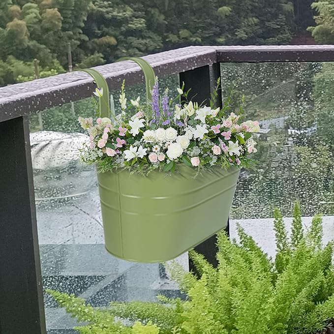 HowRU Metal Iron Flower Pots for Railing Fence Hanging Bucket Pots(5 Pcs) and Hanging Flower Pots Metal Iron Bucket Planter(10 Pcs) (Green) HowRU