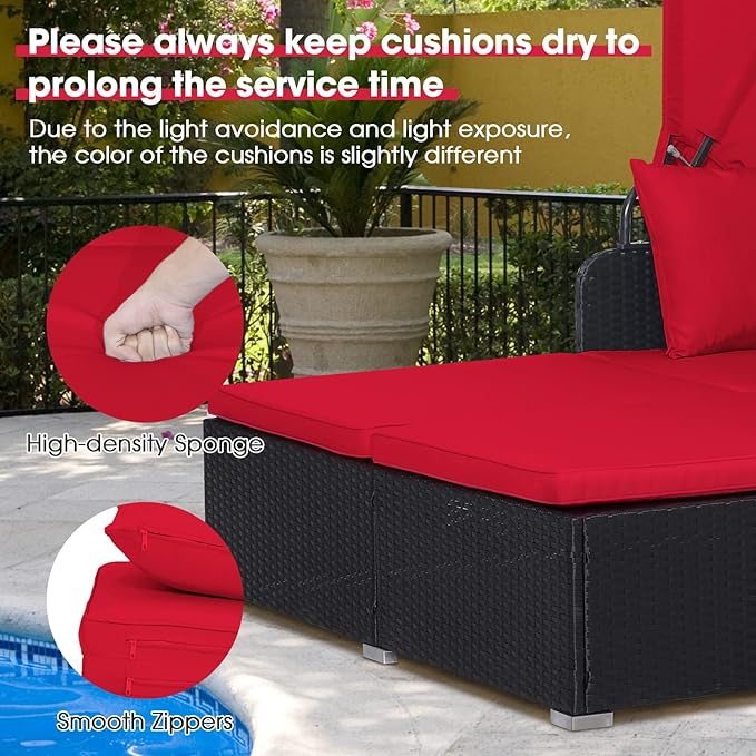 COSTWAY Outdoor Daybed with Retractable Canopy, Wicker Patio Furniture Set with Cushioned Pillows, Patio Rattan Daybed for Deck, Backyard, Poolside (Red) COSTWAY