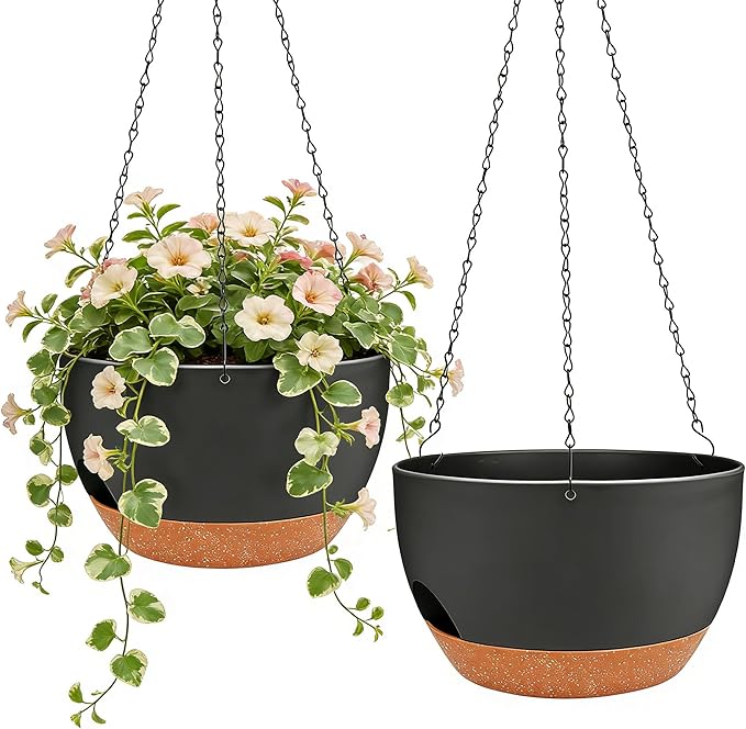 Set of 2-8 Inch Self Watering Hanging Planters for Indoor Outdoor，Hanging Plant Pots with Drainage & Removable Tray, Hanging Pots Holder for Ivy, Pothos, Ferns, Balcony & Patio, Black Brown zople