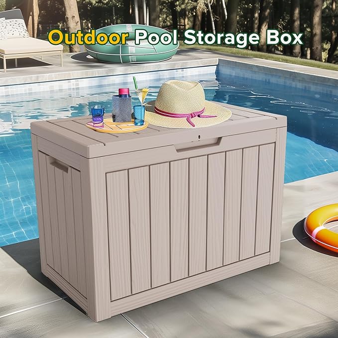 45 Gallon Resin Deck Box, Lockable Patio Outdoor Storage Box for Furniture, Garden Tools and Tools Storage, Waterproof Outside Storage Boxes - Grey OutdoorLivingPerfected