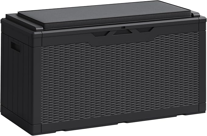 Greesum 100 Gallon Resin Deck Box Large Outdoor Storage Boxes with Cushions for Garden Tools, Patio Furniture Pillows, Pool Supplies, Black BuynowfromGreesum