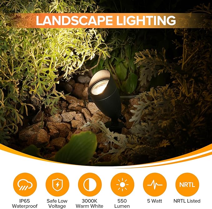 LUTEC 12V Low Voltage Landscape Lighting, Die-cast Aluminum Spot Lights with Connectors, IP65 Waterproof Outdoor Landscape Spotlights, 5W 550LM Warm White 3000K for Tree Garden Yard Pathway, 8 Pack LUTEC