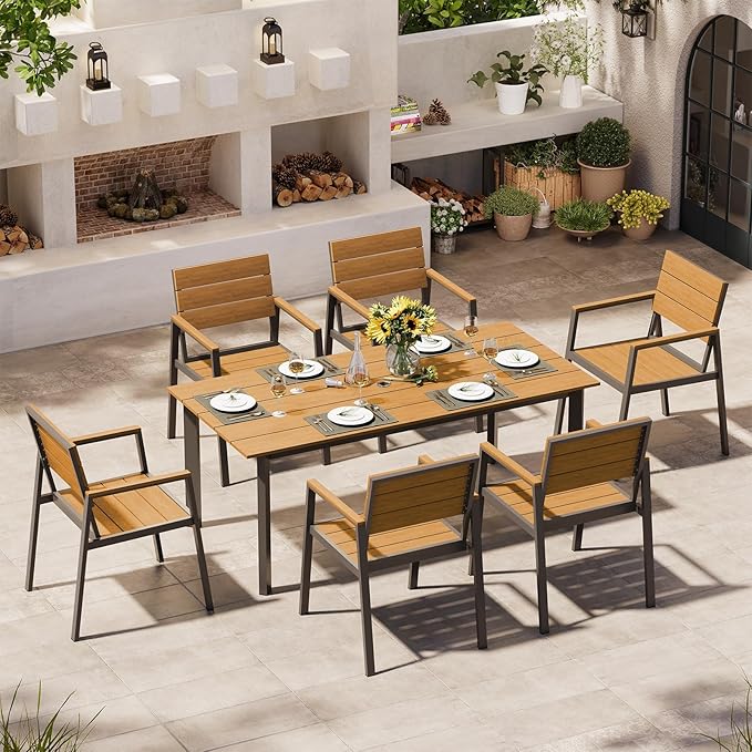 67" Rectangle HDPS Patio Dining Table, Aluminum Outdoor Patio Dining Table with Umbrella Hole, Weather-Resistant for Lawn, Garden, Yard, Poolside and Indoor Use (Gray & Teak) Oasbira