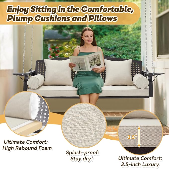 3 Seat Porch Swing, Patio Swing Bench with Cup Holders & 3 Back Cushions, Swing Chair with Chains for Deck Garden Backyard,Beige YALISSEY