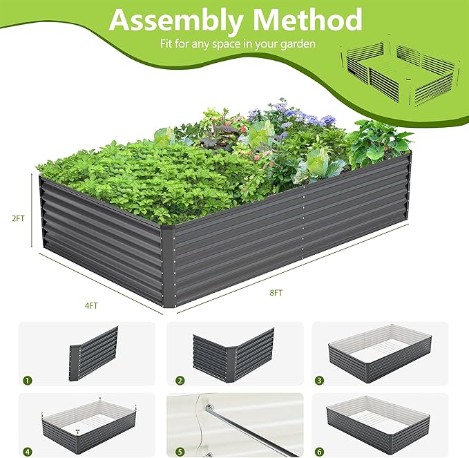 8x4x2FT Galvanized Raised Garden Bed,Galvanized Planter Boxes Outdoor, Large Metal Raised Garden Beds for Vegetables-Grey AyenGuard