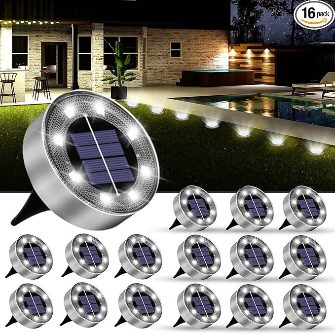Solar Lights Outdoor 16 Pack, Solar Garden Outdoor Waterproof Pathway Lights Bright In-Ground Light Outdoor Lighting Decor for Lawn, Patio, Yard, Driveway, Step and Walkway White Light OULONGER