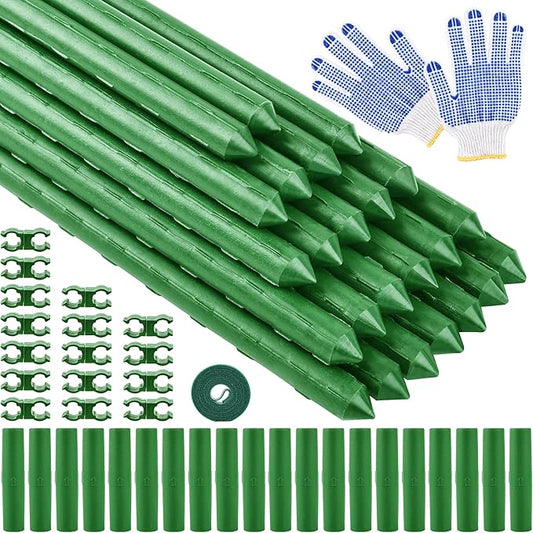 WAENLIR 16 Inch 24 Pack Extendable Garden Stakes Kit, DIY 4ft 5ft 6ft 7ft 8ft Plant Support Stakes with Connectors and Clips, Plastic Coated Metal Sticks for Tomato Indoor Outdoor WAENLIR