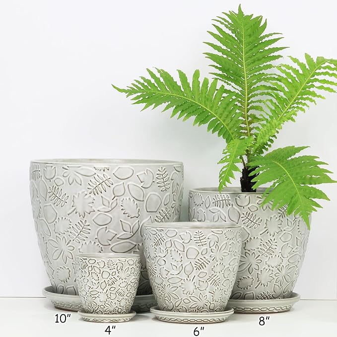 8 Inch + 6 Inch Retro Ceramic Planter Set of 2 with Drainage Hole and Saucer for Multiple Plants, Indoor-Outdoor Garden Pots for Succulent, Orchid, and Flower (Retro White) Bestseler