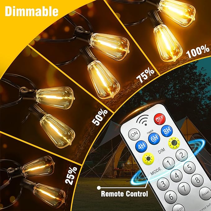 100FT Solar String Lights Outdoor Waterproof with Remote & Timer, LED Shatterproof ST38 Bulbs, USB & Solar Powered Patio Lights for Backyard, Porch, Garden, Wedding, Christmas Decor SkoiucLights