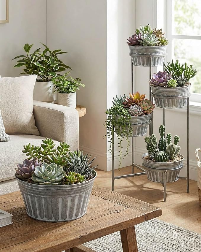 vensovo 10 Inches Silver Metal Rustic Plant Pots - 4 Pcs Large Shallow Galvanized Planters with Drain Hole and Rubber Plug, Rustproof Tin Bucket Succulent Pot Indoor Farmhouse Vintage Style for Decor vensovo