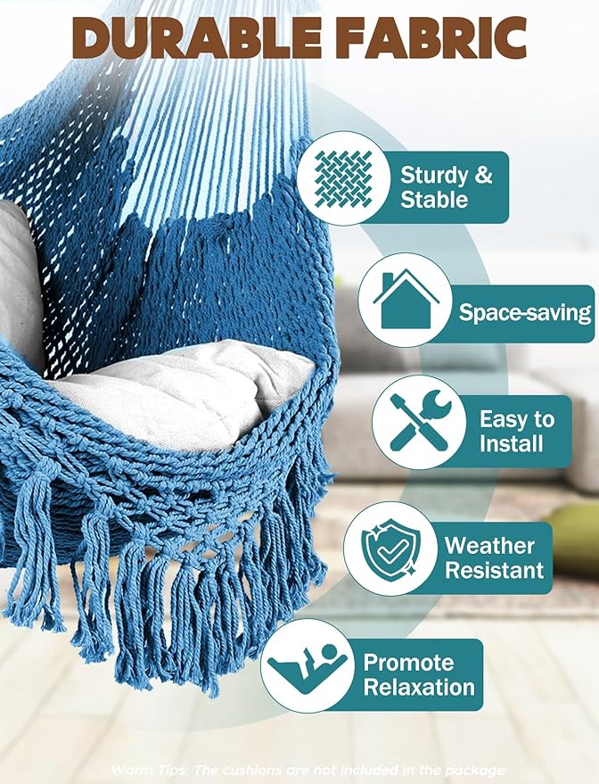 Chihee Hammock Chair Super Large Hanging Chair Soft-Spun Cotton Rope Weaving Chair, Collapsible Strong Metal Spreader Bar Wide Seat Lace Stretch Swing Chair Indoor Outdoor Garden Yard Theme Decoration Chihee