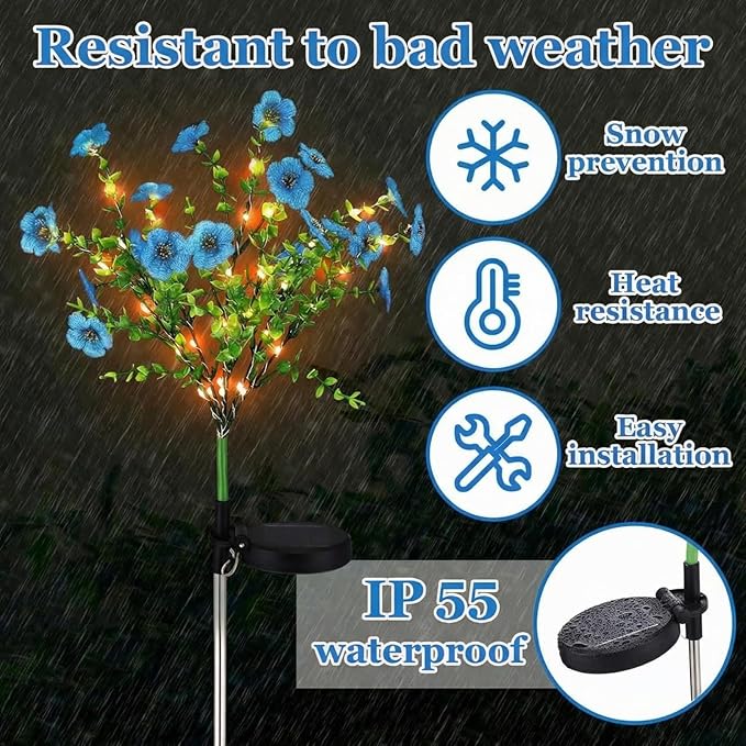 2 Pack Solar Stake Lights Outdoor Decor Waterproof Mums Artificial Flowers Solar Lights for Outdoor Garden Yard Pathway Decor (Blue,Violet) Glooglitter