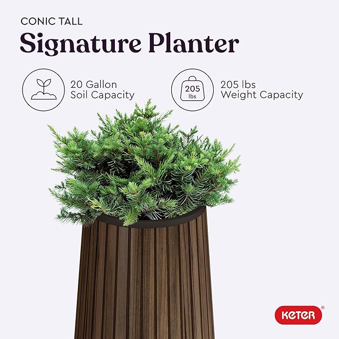 Keter Signature Conic 28.5 Inch Tall Round Large Wood Look Planter for Indoor or Outdoor Flower Pot Ideal for Patio Deck and Front Porch Decor, Rosewood Keter