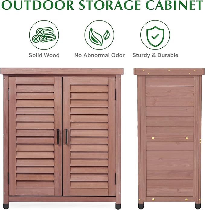 Outdoor Storage Cabinet & Potting Bench Table with Metal Top, Wooden Patio Furniture, Garden Workstation (Dark Brown, 36x31x17in) OutdoorFurniture