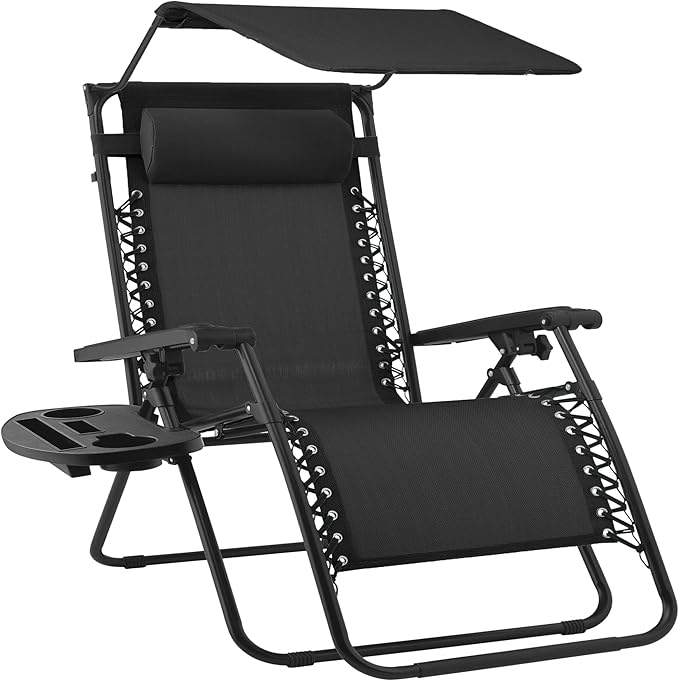Best Choice Products 30” Wide Folding Zero Gravity Outdoor Recliner Patio Lounge Chair w/Adjustable Canopy Shade, Headrest, Side Accessory Tray - Black BestChoiceProducts