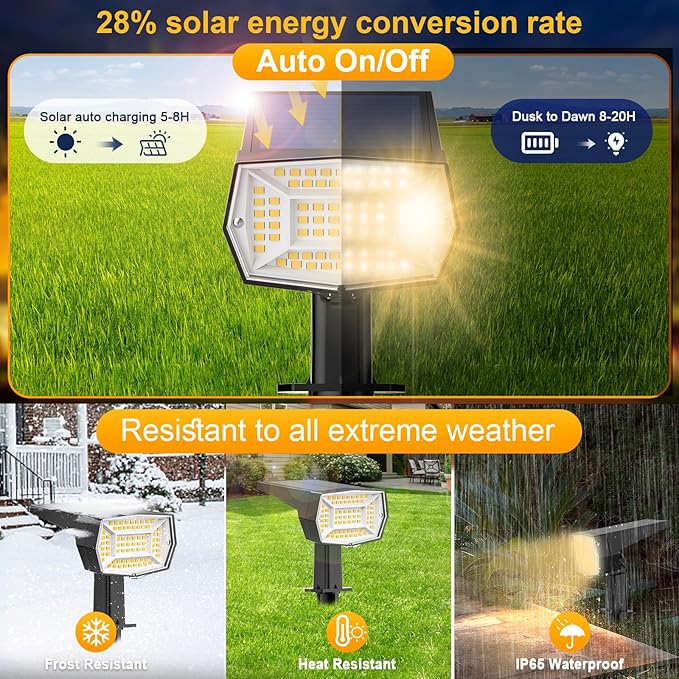 Fabrito 72 LEDs Solar Spot Lights Outdoor Waterproof, 3 Modes Landscape Spotlights, Dusk to Dawn Solar Powered Flood Wall Lights for Outside, Solar Garden Lights for Yard Porch 6 Pack (Warm White) Fabrito