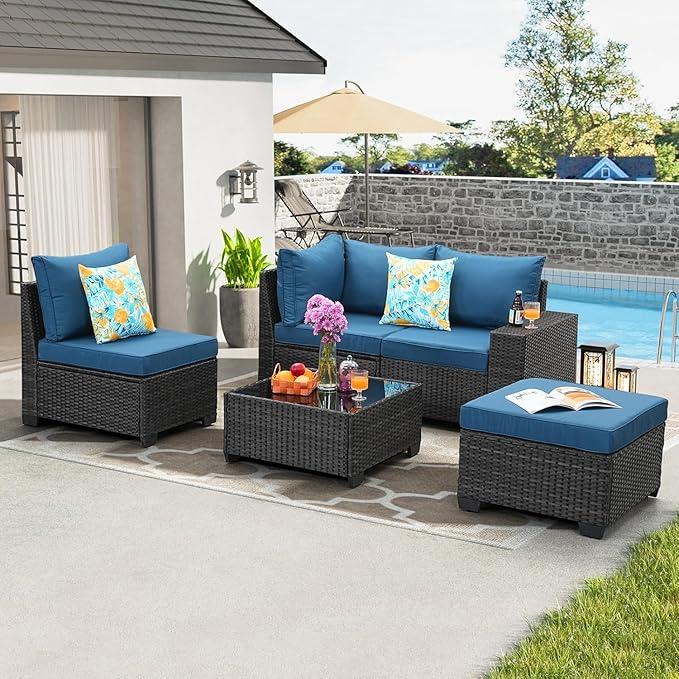 Jing's Villa 5-Piece Patio Furniture Set, All-Weather Outdoor Wicker Sectional Sofa with Cushions, Tempered Glass Table & Ottoman, Rattan Conversation Seating for Porch, Garden, Backyard,Peacock Blue JingsVillaOutdoorFurniture