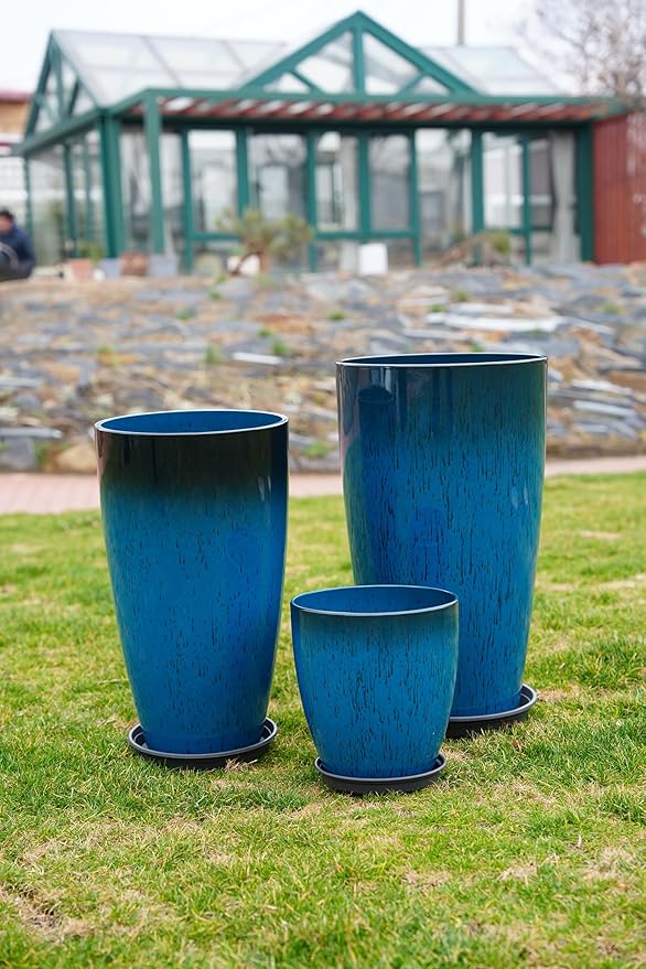 24,21,11 Inch Large Plastic Planters with Drainage Hole and Saucer - Set of 3 Tall Plant Pots Indoor Flower Pot Tall Round Planters Outdoor Large Tall Planter MinCHI257