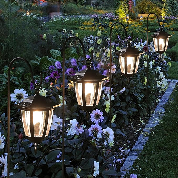 Dynaming 4 Pack Solar Hanging Lights Outdoor, Solar Powered Garden Decorative Lanterns with 4 x 38 Inch Shepherd Hooks, Waterproof Landscape Lighting for Lawn Patio Yard Pathway Driveway, Warm White Dynaming