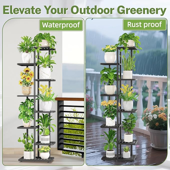 iDavosic.ly Plant Stand Indoor Outdoor, 7-Tier Tall Metal Flower Shelf for Heavy-Duty Large Planters, Corner Orchid Display Rack for Living Room Balcony Patio Porch, Space Saving, Modern Black iDavosicly