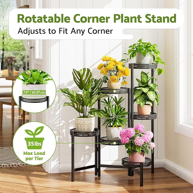 6 Tier Metal Plant Stand Indoor Outdoor, Corner Tall Plant Shelf for Multiple Plants, Foldable Heavy Duty Plant Holder, Decoration Flower Stand for Living Room Balcony Patio Garden- BlackWave Rootora