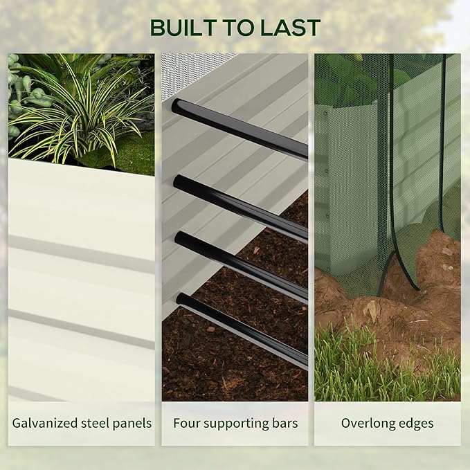 Outsunny 7.3 x 3.4 x 1 ft Galvanized Raised Garden Bed with Crop Cage Plant Protection Net and Shade Cloth Roof, Metal Planter Box with Cover for Vegetables, Flowers, Herbs, Beige Outsunny