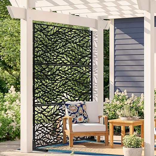 VEVOR Metal Privacy Screen, 47" W x 72" H, Outdoor Privacy Screens & Panels, Freestanding Outdoor Divider with Stand, 3-Panel Decorative Garden Steel Privacy Fence for Balcony Patio Indoor Room Black VEVOR