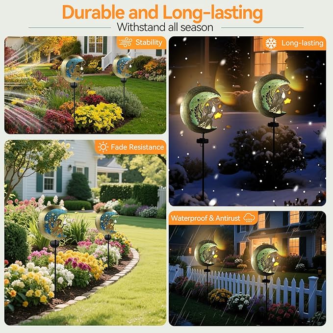 Solar Angel Moon Garden Stake Light – Outdoor Metal Yard Decoration with Crystal Pendant, Waterproof LED Light for Patio, Pathway, Lawn – Rustic Gold & Blue CBAXEAXM
