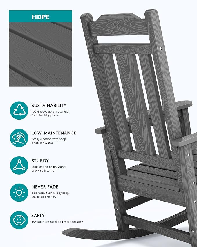 SERWALL Oversized Rocking Chair Outdoor, HDPE Outdoor Rocking Chair, Grey SERWALL