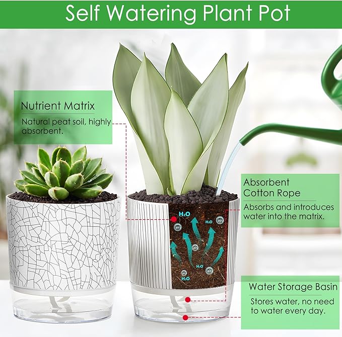 4 Pack Self Watering Pots for Indoor Plants, 4" + 5.5" Flower Pots with Wick Rope and Reservoir, Plant Pots for African Violet, Spider Plant, Orchid Rootora