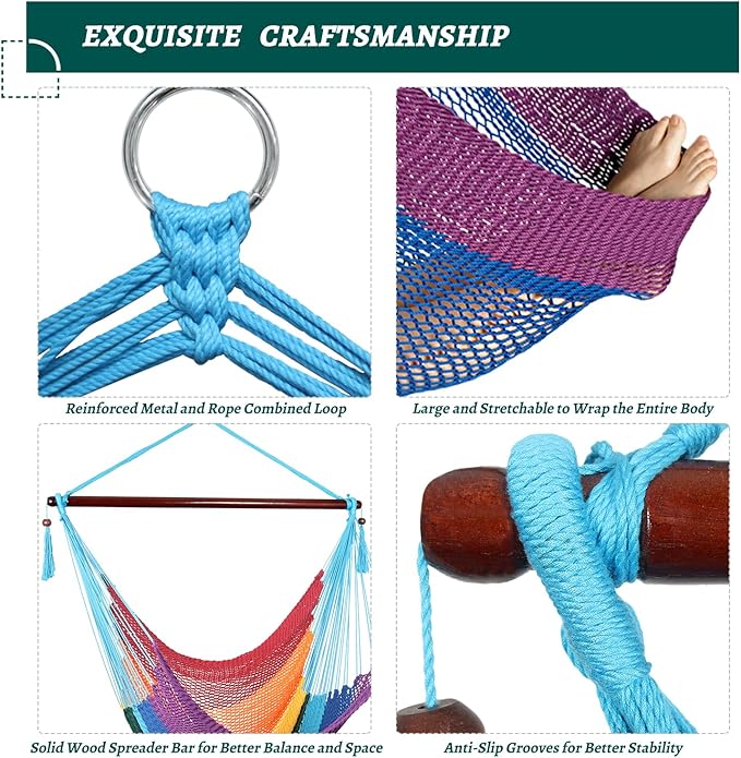 Caribbean Hammock Swing Chair with Spreader Bar, Large Hammock Chair, Hand Craft Rope Hanging Chair Outdoor, Indoor, Bedroom, 330 LBS Weight Capacity, Rainbow Bathonly
