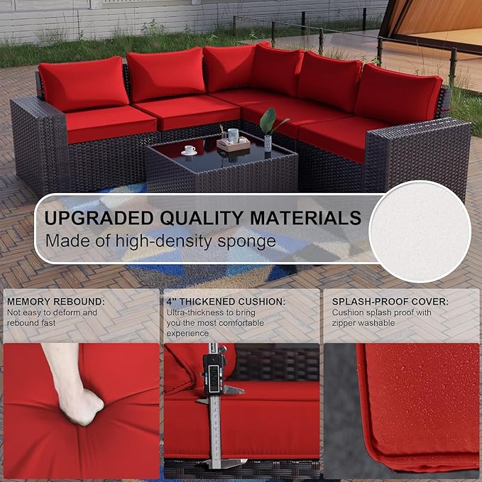 Kullavik 6PCS Outdoor Patio Furniture Set PE Wicker Rattan Sectional Sofa Patio Conversation Sets,Red KULLAVIK