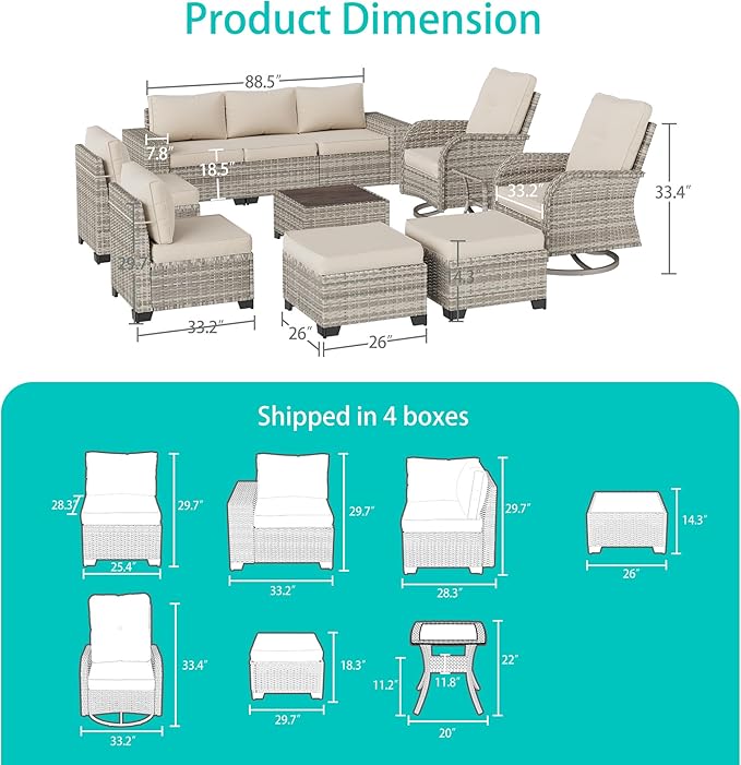 11-Piece Outdoor Patio Furniture Set with Rocking Swivel Chair Wicker Sectional Sofa Set, Patio Conversation Set with Ottomans & Coffee Table for Garden, Backyard, Poolside, White MuphyersPatioFurniture