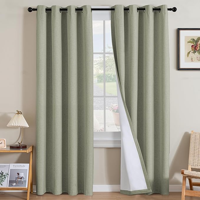 H.VERSAILTEX Linen Curtains 100% Blackout Curtains for Bedroom 102 inch Long Full Light Blocking Nature Linen Blended Window Curtains for Living Room Nickel Grommet (2 Panels, Heathered Tea) HVERSAILTEX