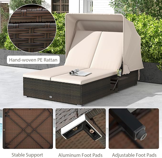 RELAX4LIFE Outdoor Daybed with Retractable Canopy - Wicker Double Chaise Lounge w/6-Position Backrest, 2 Folding Side Trays & Cushions, 2-Seater Loveseat Sunbed for Backyard, Rattan Patio Bed Lounger RELAX4LIFE