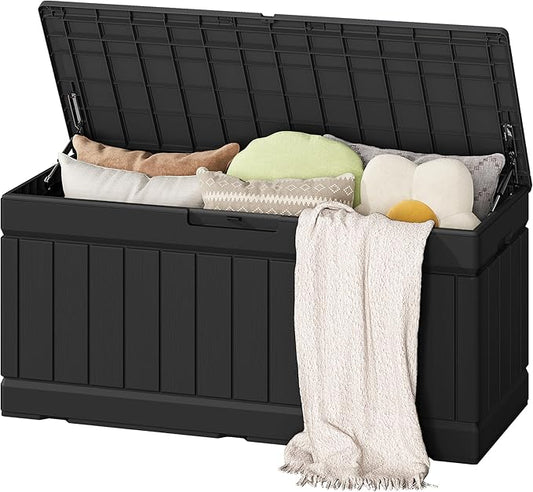Flamaker Outdoor Storage Box 80 Gallon Resin Waterproof Deck Box Delivery Box with Wood Texture Large Storage Bin for Patio Cushions (Black) Flamaker