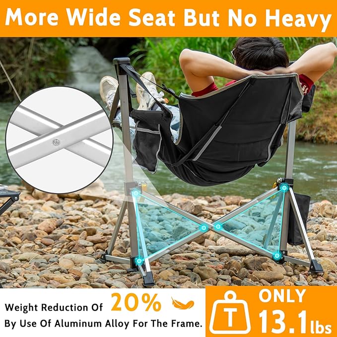 Romswi 2-Pack Aluminum Hammock Chair with Footrest, Oversized Portable Folding Swinging Chair with Adjustable Back & Seat, Lightweight Rocking Camp Chair Supports 440lbs for Outdoor, Patio - Black Romswi