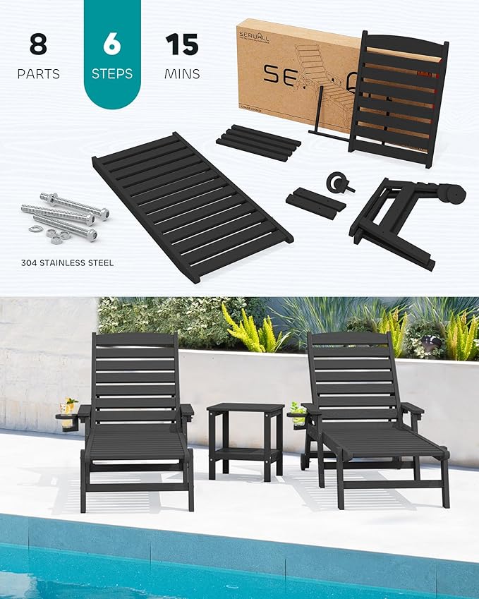 SERWALL Patio Chaise Lounge Chair, 78'' Long HDPE 5 Positions Adjustable Outdoor Lounger, Poly Lounge Chair with Rolling Wheels & Cup Holder for Pool, Obsidian Black SERWALL