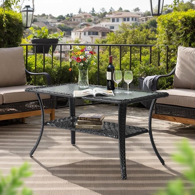 VINGLI Outdoor Coffee Table with Storage Wicker Patio Coffee Table, Tempered Glass Top Coffee Table for Patio Outside Balcony Porch Deck (Black) VINGLI