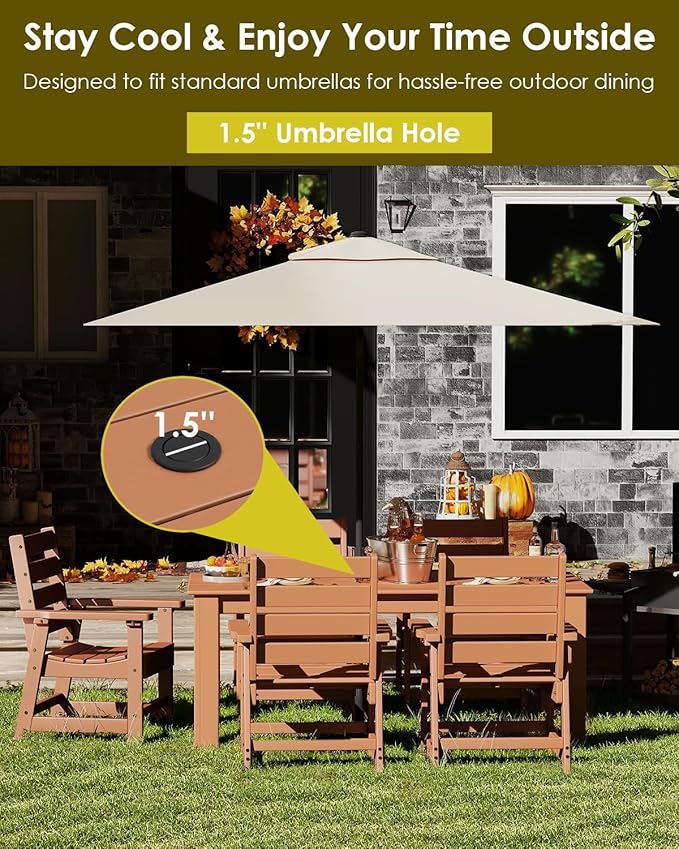 GREENVINES 7-Piece Outdoor Dining Set | HDPE | Patio Table and Chairs Sets for 6 | Patio Furniture | All Weather | Umbrella Hole | Teak | for Backyard Poolside Garden GreenVines