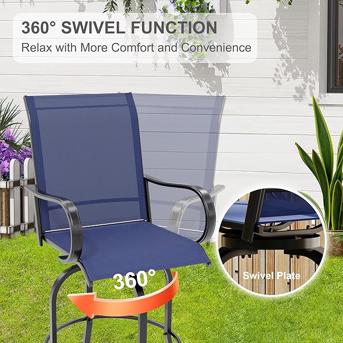 5 PCS Outdoor Bar Set with Outdoor Bistro Table and Chairs Set of 4, Bar Height Outdoor Dining Set, All Weather Mental Textilene High Swivel Bar Stools Chair Set of 4 and High Glass Bar Table LuyFuitre