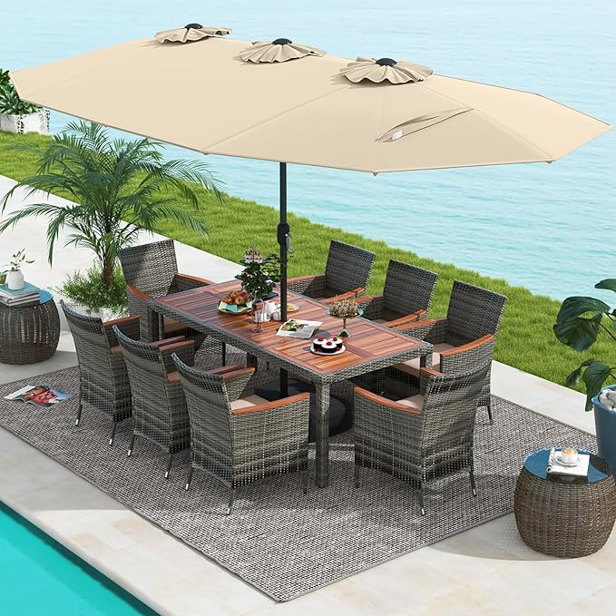 Tangkula 10 Pieces Patio Wicker Dining Set w/Double-Sided Patio Umbrella, Outdoor Acacia Wood Furniture Set w/ 8 Armchairs, 71” Dining Table & 15 ft Umbrella with Weighted Base (Beige) TANGKULA