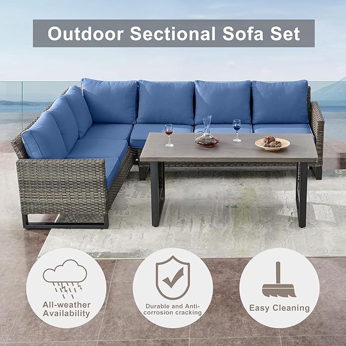 Belord Patio Sectional Furniture Set with Coffee Table: 8 Pieces Wicker Patio Conversation Set with L Shaped Sofa, Outdoor Swivel Glider Rocker, Rattan Ottomans, Removable Belord