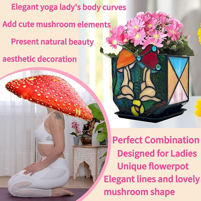 Mushroom Lady Body Plant Pots,Flower Pot with Drainage Hole, Stained Glass Mushroom Lady Yoga Pose Decoration Planter,Unique Cute Face Head Space Decoration Aesthetic 4.6x3x5.15 in Entlityful