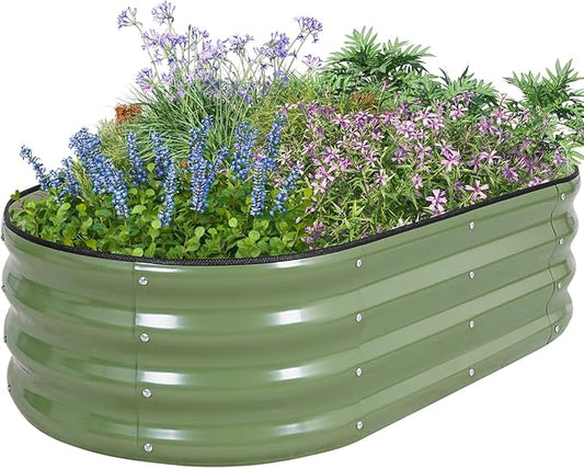 Galvanized Raised Garden Bed Outdoor, 4x2x1ft Oval Metal Raised Beds for Gardening, Rust-Resistant Garden Planter Box with Tools for Planting Vegetables, Flowers, Fruits in Lawn (Olive Green) HEALSTOK