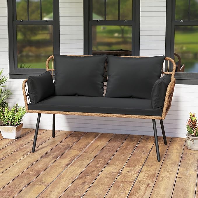 Tangkula Patio Wicker Loveseat, Outdoor Rattan 2-Seat Cushioned Sofa with Heavy Duty Metal Frame, for Backyard,Porch,Poolside (Black) TANGKULA